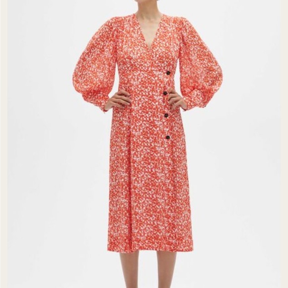 NWT GANNI Balloon-sleeve Floral-print Crepe Midi Dress - Picture 1 of 10